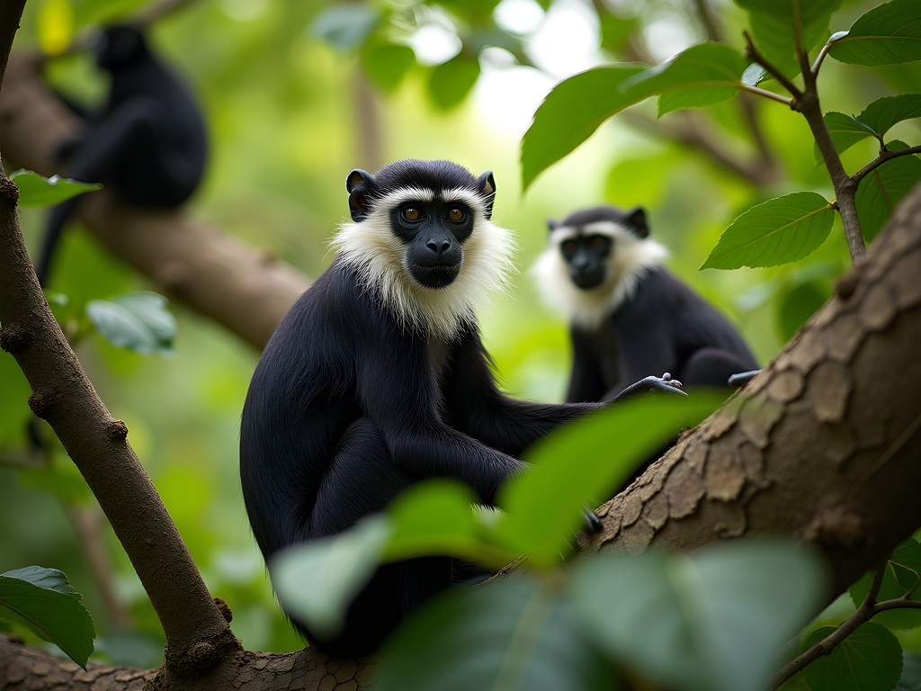 Endangered Diana monkeys in tree canopy at Tiwai Island Wildlife Sanctuary, Sierra Leone