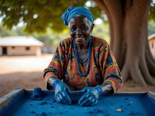 Master artisan teaching traditional indigo dyeing techniques in village near Bo, Sierra Leone