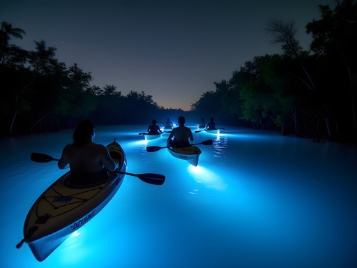 Kayakers in dark waters with glowing blue bioluminescence trails behind paddles in Bocas del Toro