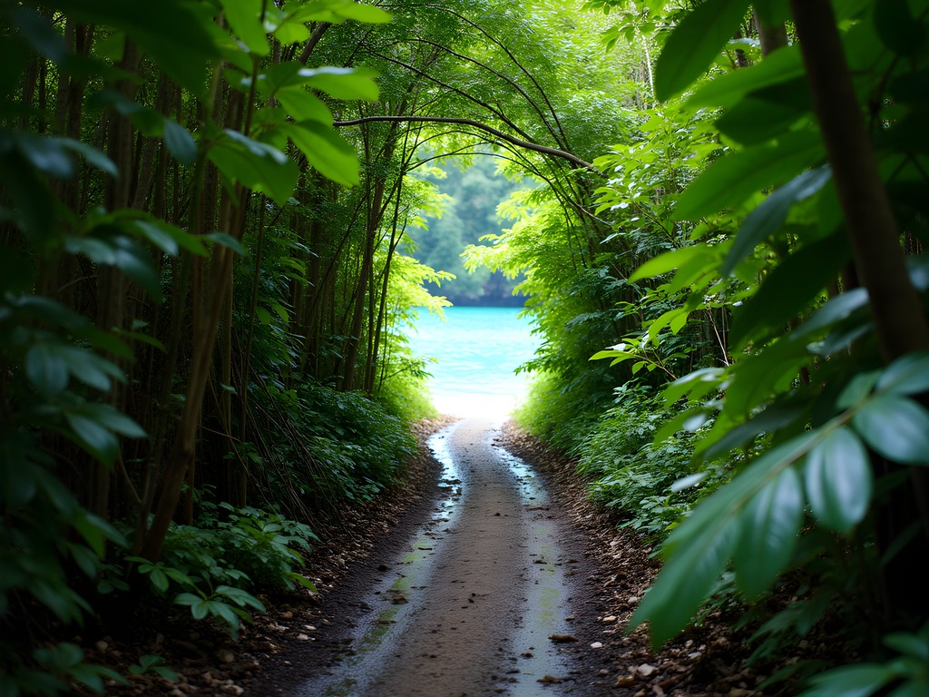 Narrow jungle path leading to hidden beach in Bocas del Toro with sunlight filtering through leaves