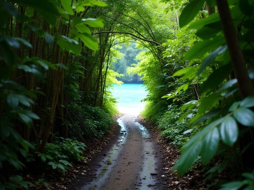 Narrow jungle path leading to hidden beach in Bocas del Toro with sunlight filtering through leaves