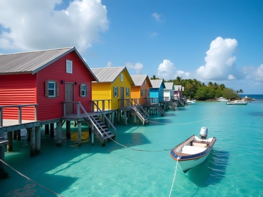 Colorful overwater bungalows on stilts in Bocas del Toro with boats moored nearby