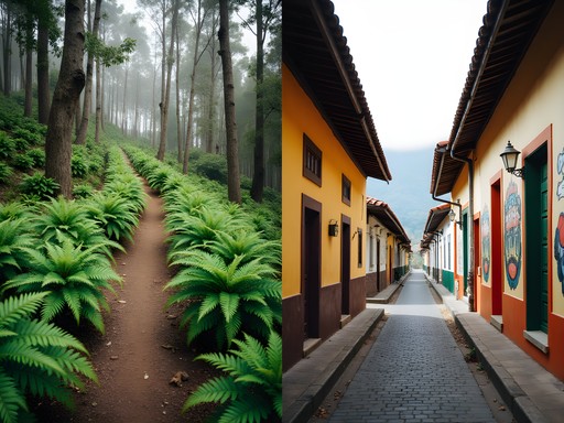 Split image showing Monserrate natural trail and Bogotá urban landscape