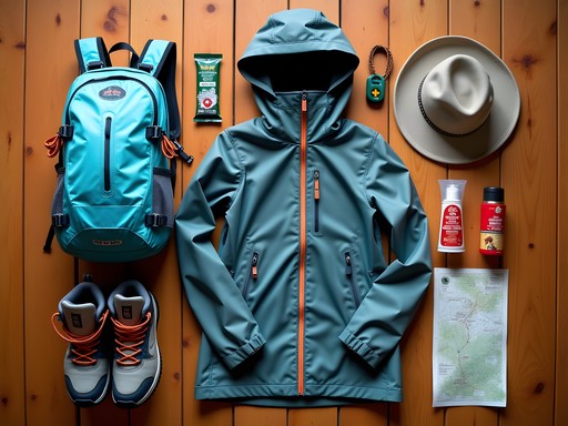 Hiking gear laid out for Monserrate trek including water, layers, and safety equipment