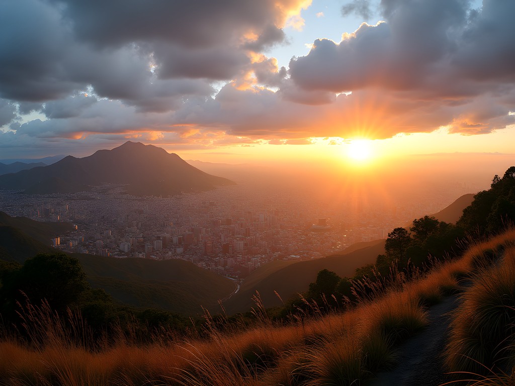 Early morning sunrise view from Monserrate trail overlooking Bogotá