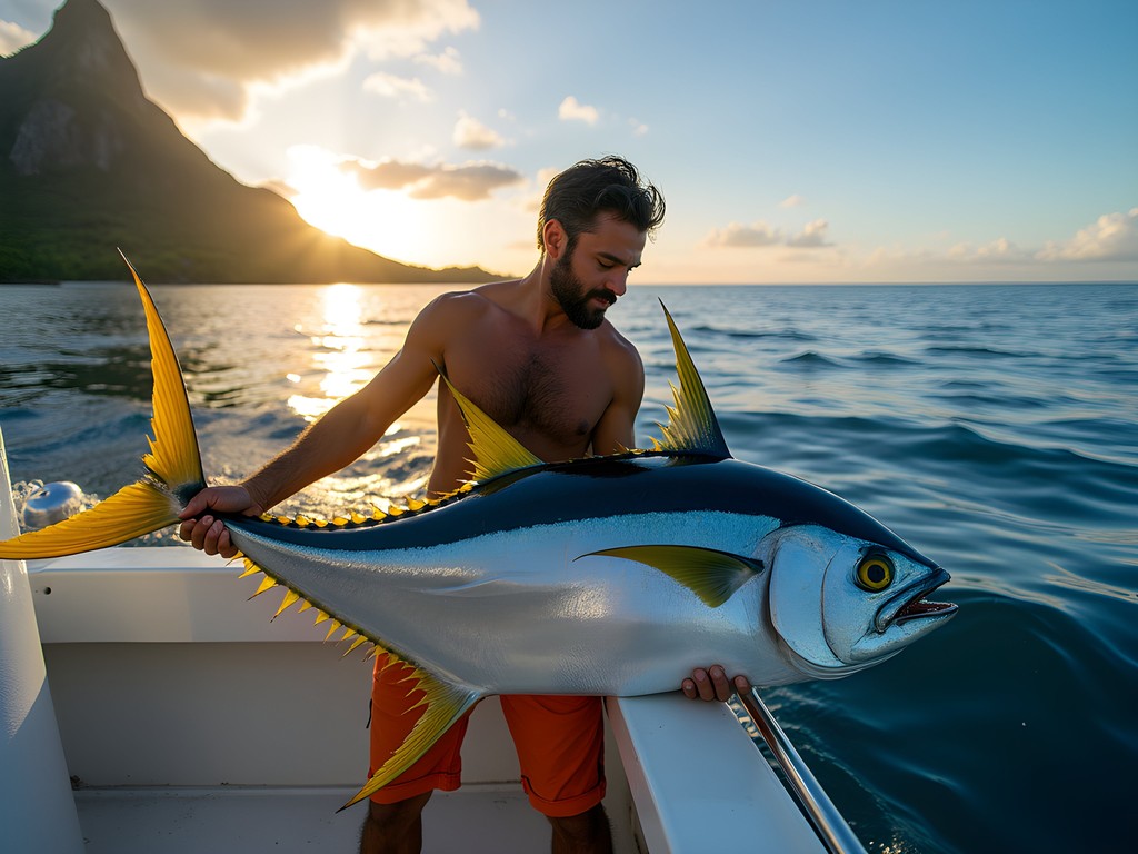 Yellowfin tuna catch with Mount Otemanu backdrop on deep sea fishing expedition in Bora Bora