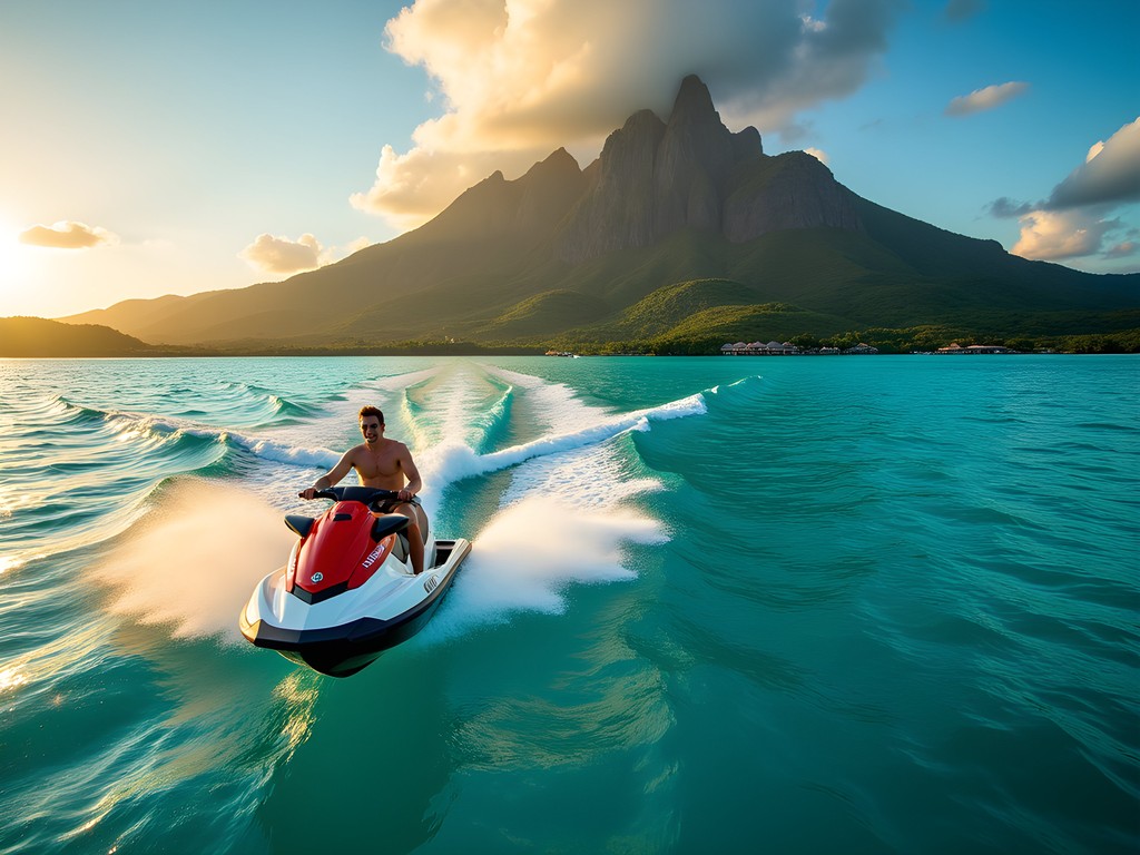 Jet skiing around Mount Otemanu in Bora Bora with dramatic volcanic peaks in background