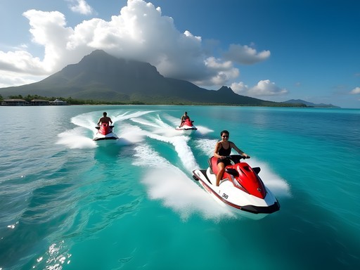 Woman riding jet ski during island circumnavigation with Mount Otemanu view in Bora Bora