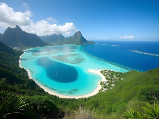 Panoramic view from Mount Otemanu hiking trail overlooking Bora Bora's lagoon and overwater bungalows