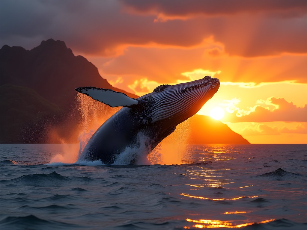 Humpback whale breaching at sunset with Bora Bora silhouette in background