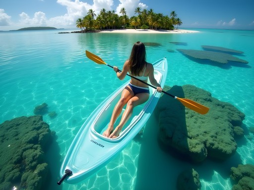 Woman kayaking in transparent kayak over coral gardens in Bora Bora's turquoise lagoon