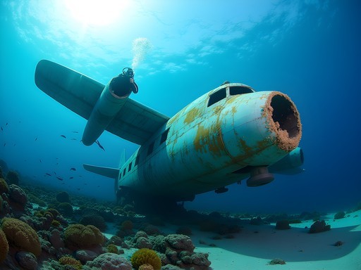Scuba diver exploring sunken World War II aircraft wreck in clear waters of Bora Bora