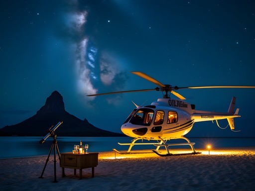 Luxury helicopter landed on private motu for nighttime astronomy experience in Bora Bora with telescope setup