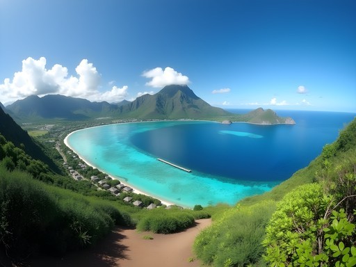 Panoramic view of Bora Bora lagoon and overwater bungalows from Mount Pahia hiking trail