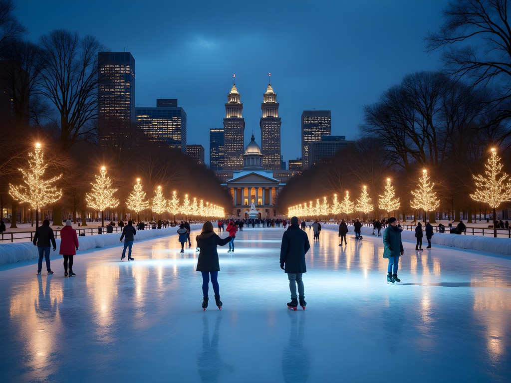 Nighttime ice skating at Boston Common Frog Pond with illuminated skyline