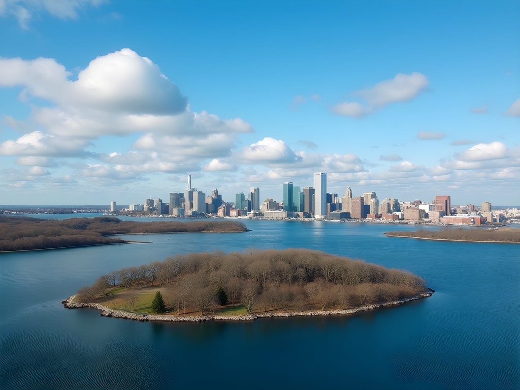Spring view of Boston Harbor Islands with city skyline in background