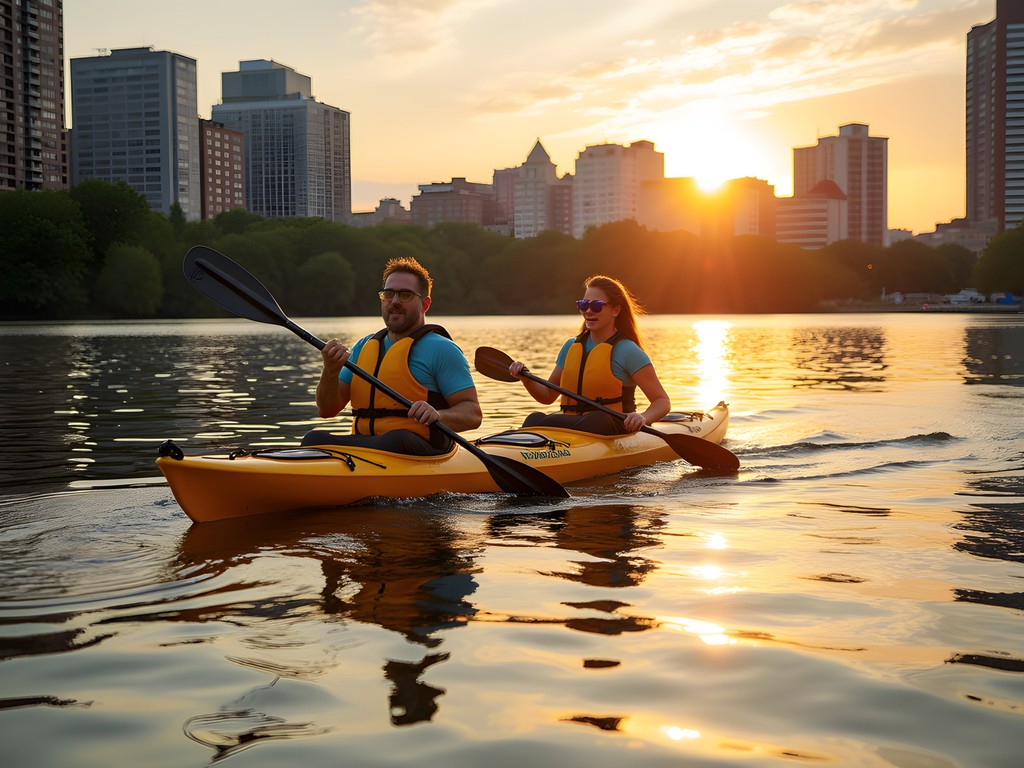 Couple kayaking on Charles River with Boston skyline view