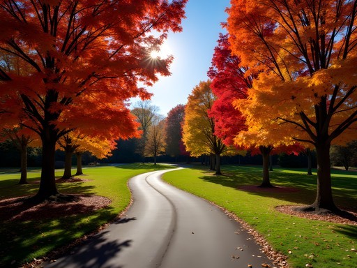 Vibrant fall foliage along path in Boston's Emerald Necklace park system