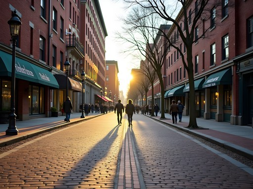 Red brick line of Freedom Trail winding through historic Boston streets