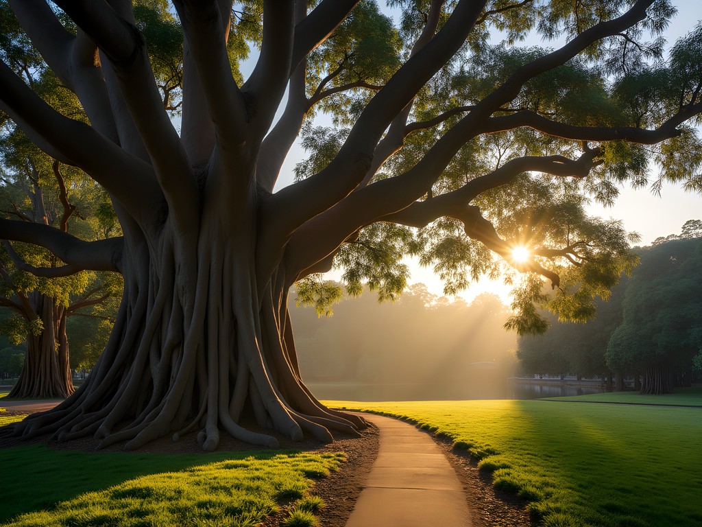 Morning light in Brisbane City Botanic Gardens with river view