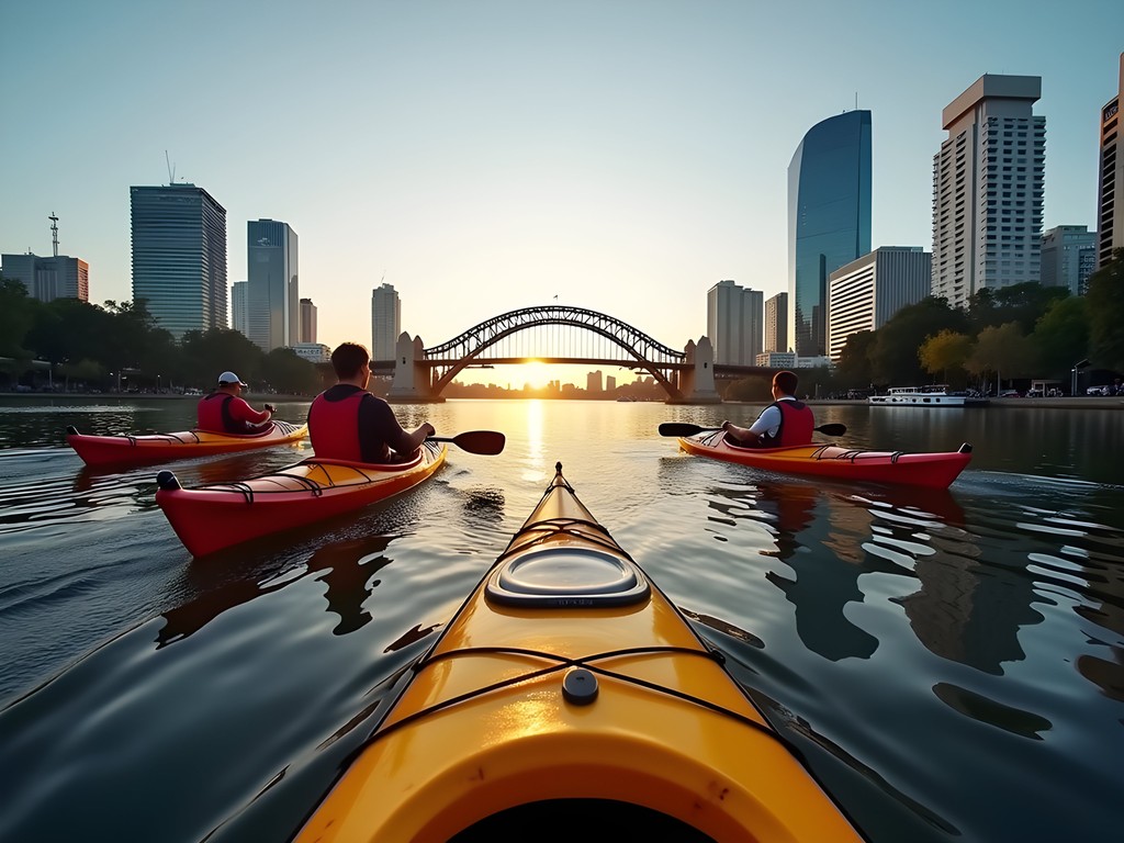 Morning kayaking tour on Brisbane River with city skyline view