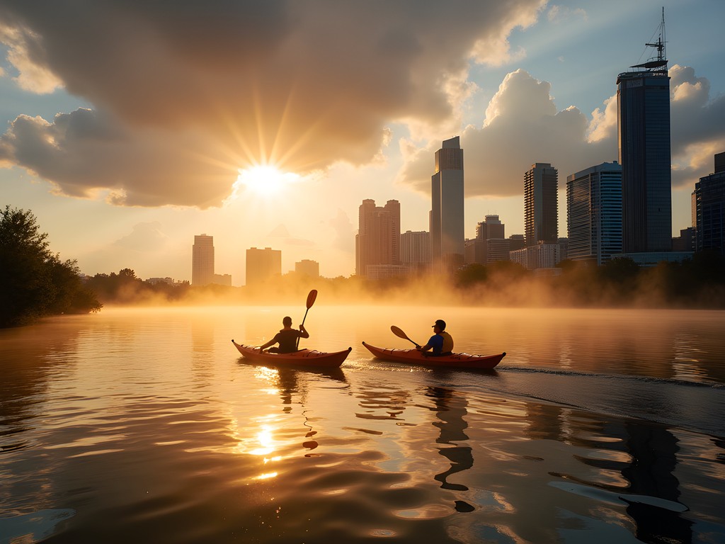 Sunrise kayaking on Brisbane River with city skyline