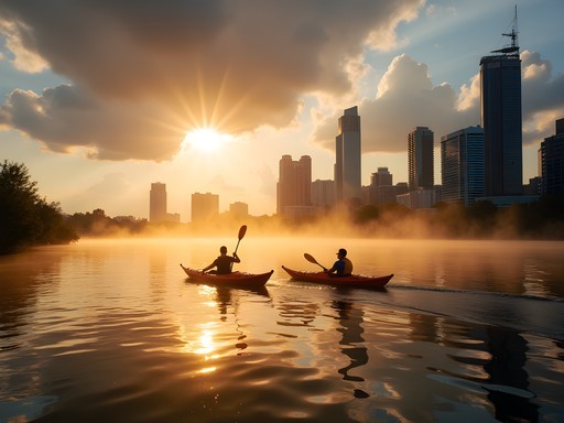 Sunrise kayaking on Brisbane River with city skyline