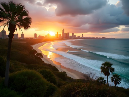 Sunset view from Burleigh Heads looking toward Surfers Paradise skyline