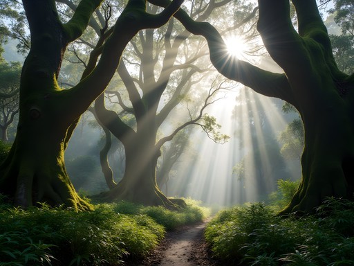 Ancient Antarctic Beech trees in misty Lamington National Park