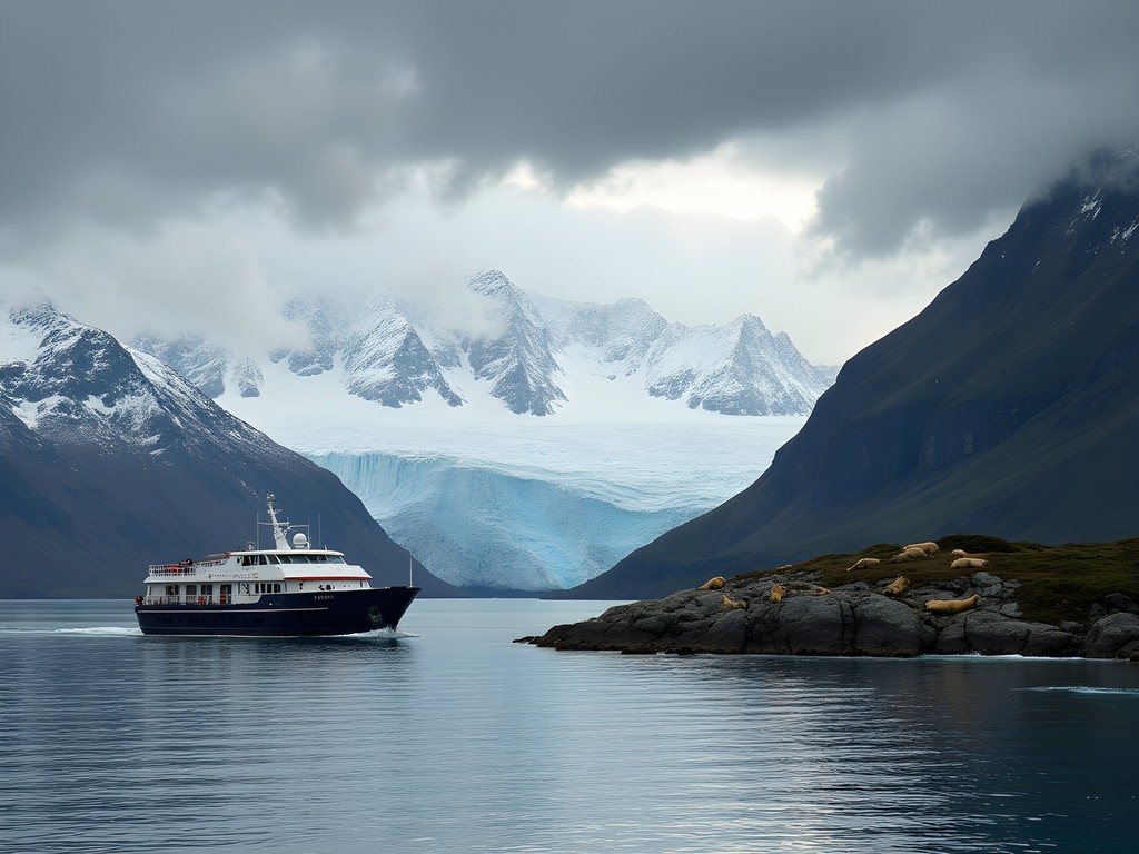 Expedition vessel navigating the Beagle Channel near Ushuaia with dramatic mountains and glaciers in background