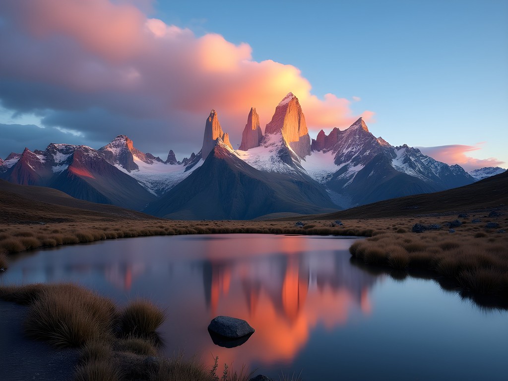 Dramatic sunrise illuminating Mount Fitz Roy with golden light against deep blue sky in El Chaltén