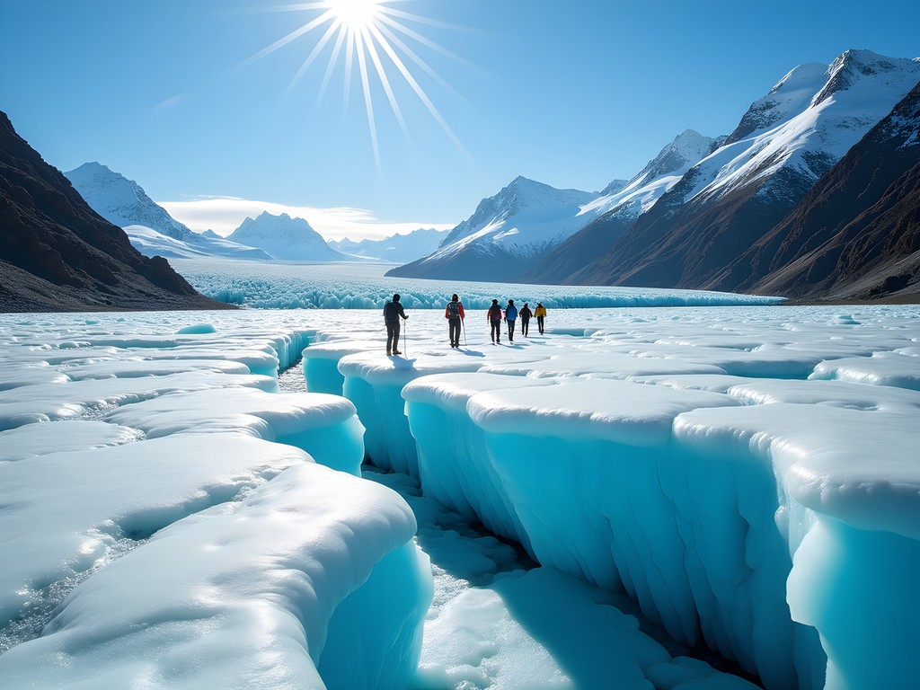 Ice trekking expedition on the turquoise blue surface of Perito Moreno Glacier with dramatic ice formations