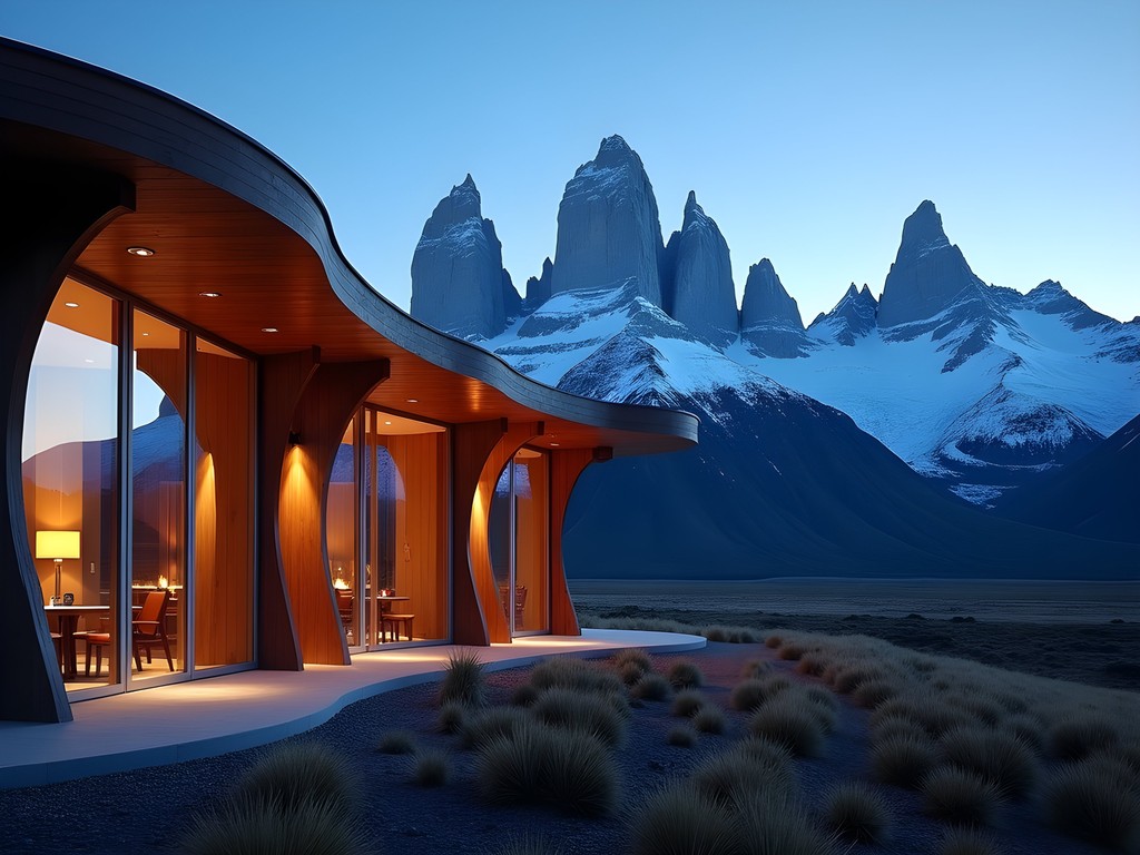 Panoramic view of Torres del Paine mountains from Tierra Patagonia Hotel with curved wooden architecture in foreground