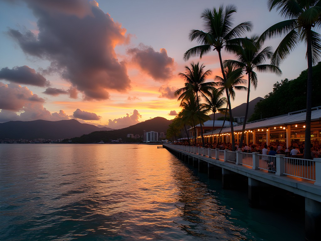 Sunset view of Cairns Esplanade with mountains in background