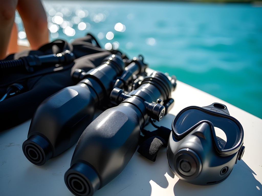 Diver preparing equipment on boat deck with Great Barrier Reef in background