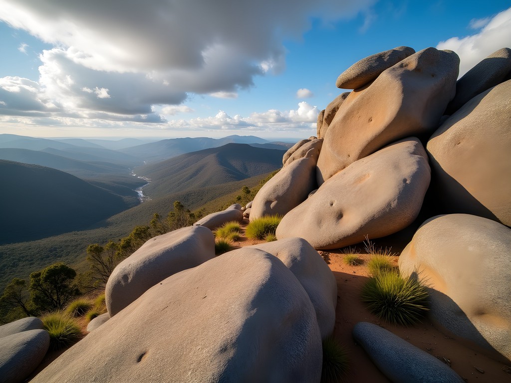 Distinctive granite formations at Gibraltar Peak in Namadgi National Park with valley views