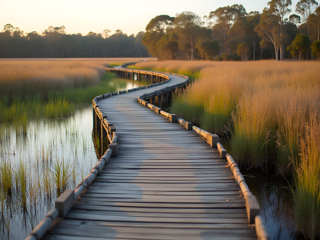 Wooden boardwalk through Jerrabomberra Wetlands with spring blooms and waterbirds