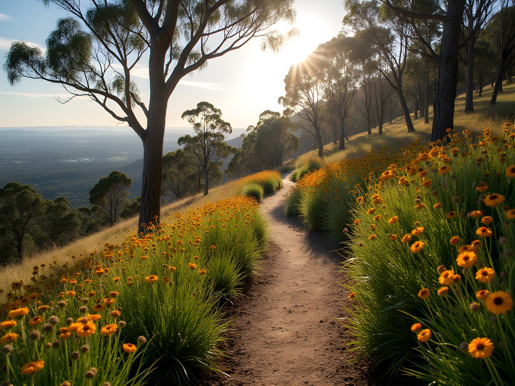 Mount Ainslie walking trail with spring wildflowers and Canberra views