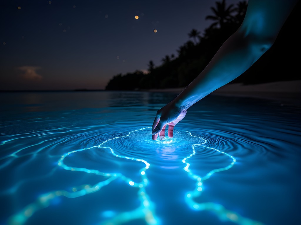 Magical blue glow of bioluminescent plankton in waters near Holbox Island
