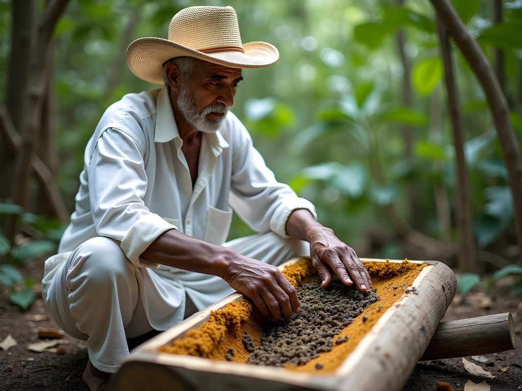 Traditional Mayan beekeeper demonstrating ancient Melipona beekeeping techniques