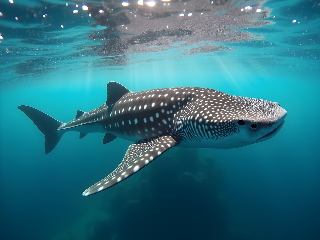 Snorkeler observing massive whale shark in clear blue waters off Cancun
