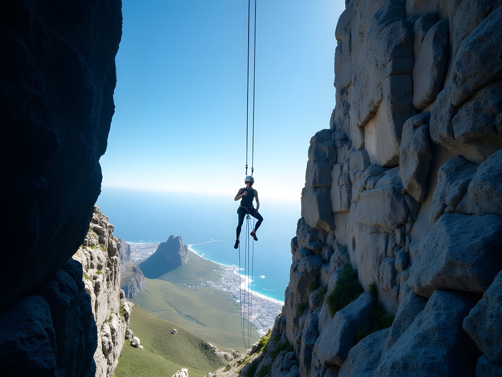 Person abseiling down the sheer cliff face of Table Mountain with Cape Town visible below