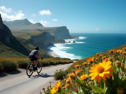 Mountain bikers on coastal trail in Cape Point Nature Reserve with ocean views
