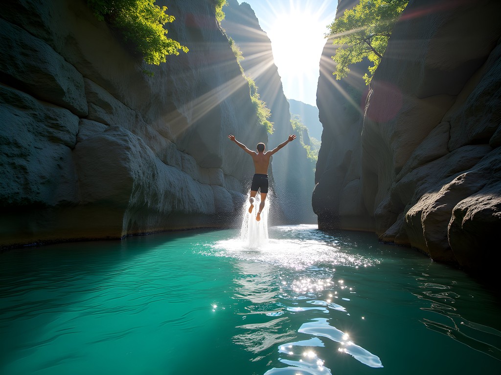 Person jumping into crystal clear mountain pool during kloofing adventure in Suicide Gorge near Cape Town
