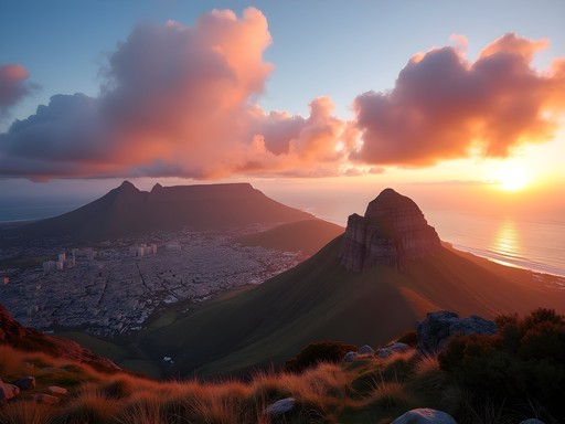 Sunrise view from Lion's Head summit overlooking Cape Town and Table Mountain