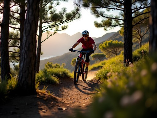Mountain biker on forest trails in Tokai Forest with Cape Town views