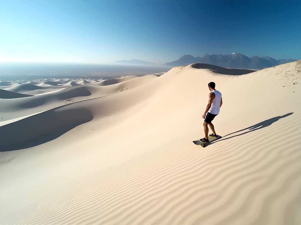 Father and son sandboarding on the massive white sand dunes at Atlantis near Cape Town