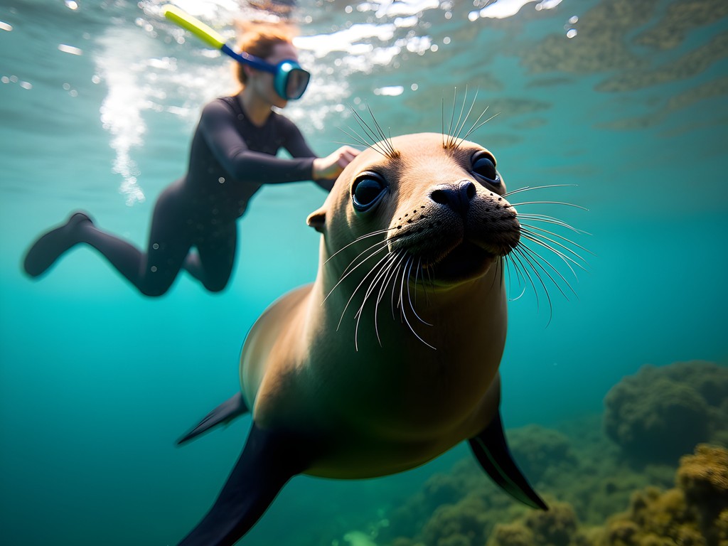 Snorkeler swimming with playful Cape fur seals near Duiker Island, Cape Town