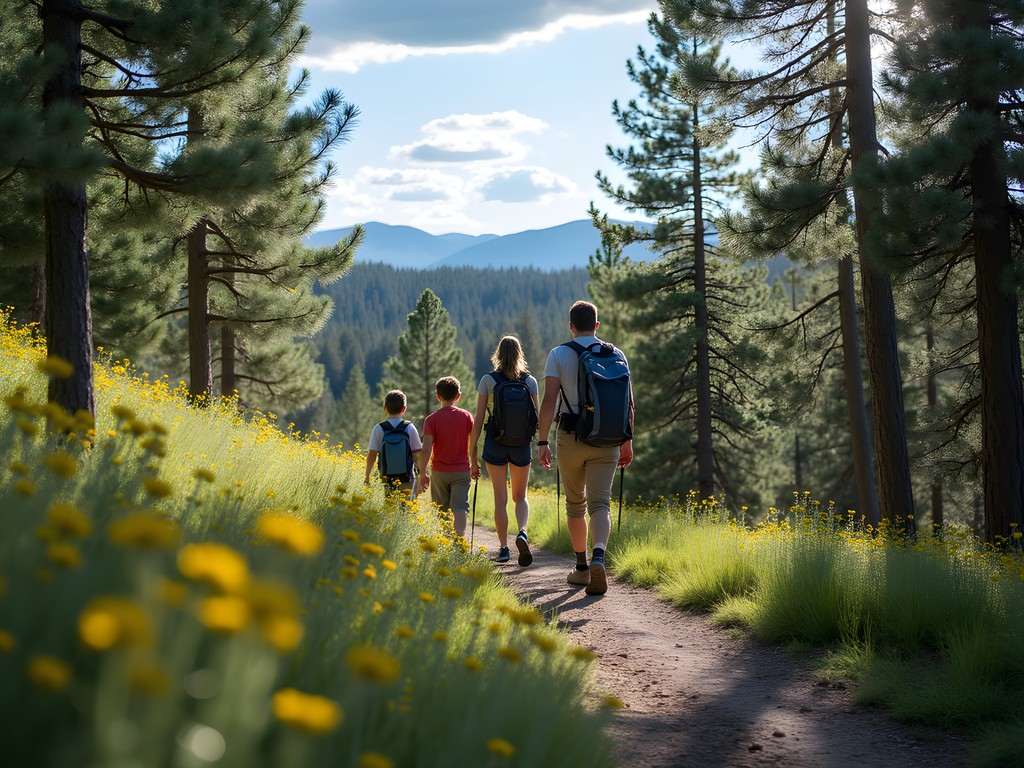 Family hiking through pine forests on Casper Mountain trail system in summer