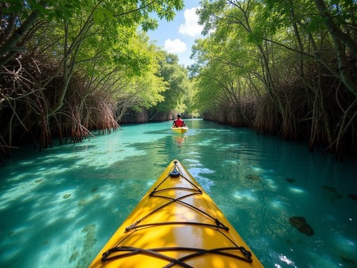 Family kayaking through mangrove channels in St. Thomas East End Reserve